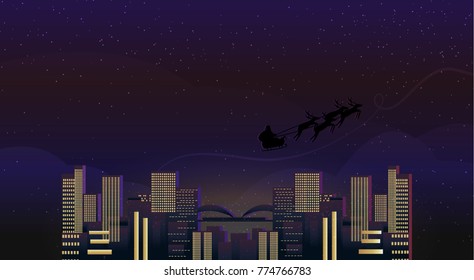 Silhouette Illustration of Flying Santa and Christmas Reindeer. stock vector