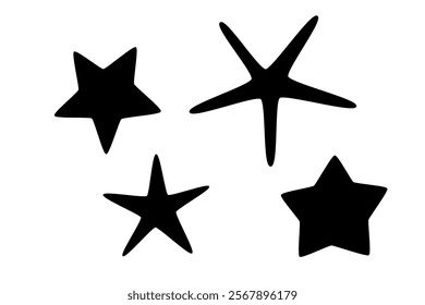 Silhouette Illustration of Four Assorted Stars in Black. vector star icon 