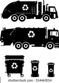 Silhouette illustration of garbage trucks and dumpsters isolated on white background