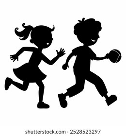 A silhouette illustration of a girl and boy playing together, perfect for children's books, illustrations, or designs for kids' products.