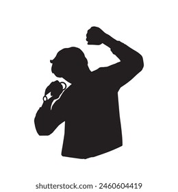 Silhouette illustration of a glowing man holding a microphone and singing enthusiastically black	