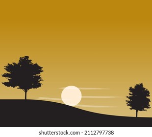 Silhouette illustration. The ground slopes down with 2 trees (black). And the sunset is in the middle. orange sky