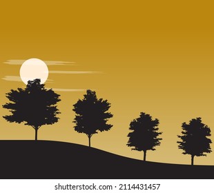 Silhouette illustration. The ground slopes down with 4 trees (black). And the sunset is in the middle. orange sky