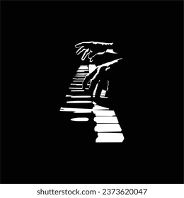 silhouette illustration of hands playing the piano. black and white