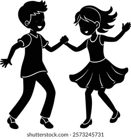 "Silhouette illustration of a happy, cute boy and girl dancing together, capturing joyful childhood moments. Perfect for designs related to kids’ events, celebrations, dance themes, 