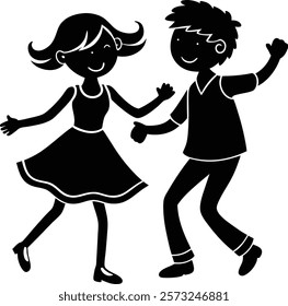 "Silhouette illustration of a happy, cute boy and girl dancing together, capturing joyful childhood moments. Perfect for designs related to kids’ events, celebrations, dance themes, 