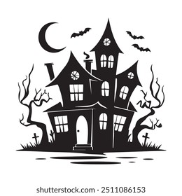 Silhouette illustration of a haunted house. The haunted house is surrounded by twisted trees, a crescent moon, bats. Halloween castle vector background.