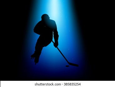 Silhouette illustration of a hockey player under blue spotlight