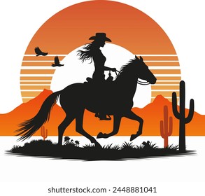 Silhouette Illustration einer Reiterin beim Sonnenuntergang