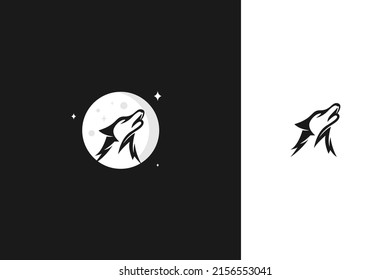 silhouette illustration of Howling Wolf with Moon logo design