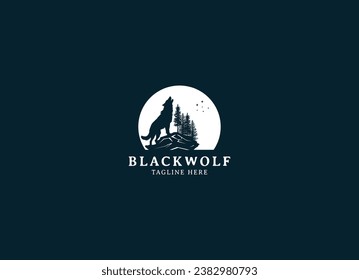 silhouette illustration of Howling Wolf with Moon logo design