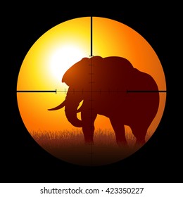 Silhouette illustration of a hunter targeting an elephant