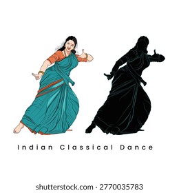 A silhouette and illustration of Indian Classical dancer, Vector art of south Indian woman, A beautiful performance of Bharatnatyam,