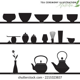 Silhouette illustration of Japanese tea utensils