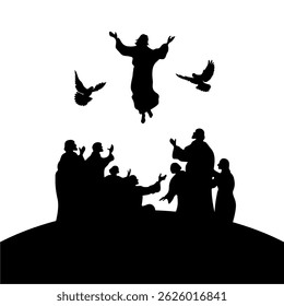 silhouette illustration of jesus ascension day for banner, flyer, poster. Jesus Christ flying to heaven with dove illustration.