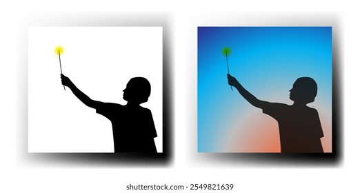ilustração silhueta de uma criança alegre segurando um fogo de artifício, capturando a alegria e magia de uma celebração festiva, ideal para cartões de saudação, convites de eventos, cartazes ou gráficos de mídia social.