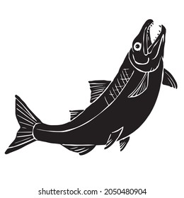 Silhouette illustration of a jumping salmon. Vector illustration on white background.