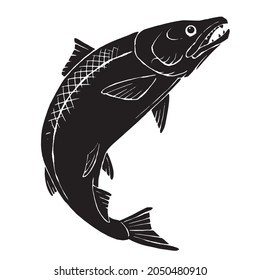 Silhouette illustration of a jumping salmon. Vector illustration on white background.