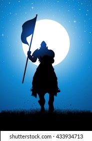 Silhouette illustration of a knight bearing a flag at night during full moon