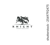 silhouette illustration of a knight logo riding a horse while carrying a sword in vintage style