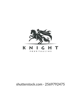 silhouette illustration of a knight logo riding a horse while carrying a sword in vintage style