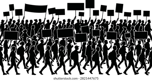 A silhouette illustration of a large diverse group of people marching in a protest, holding empty signs and banners to express their demands.