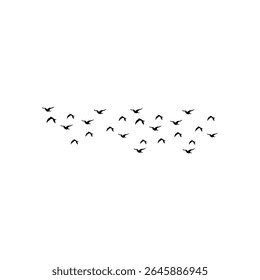 Silhueta ilustração de um grande bando de pássaros voando juntos através de um fundo branco. Este design vetorial minimalista representa movimento, liberdade, migração e unidade na natureza. 