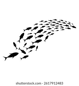 Silhouette illustration of a large school of fish swimming together in a group formation