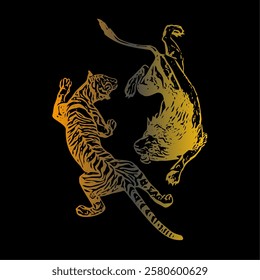 A silhouette illustration of a liger (a hybrid between a lion and a tiger) in an attacking pose. The artwork uses a combination of gold and black colors, creating a bold and powerful effect