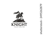 silhouette illustration logo of knight riding a horse carrying a flag on a rock in vintage style