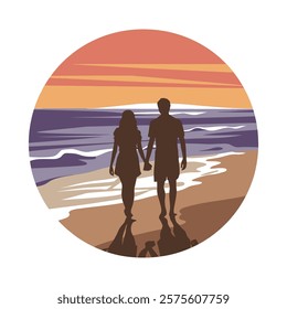 Silhouette illustration of a loving couple strolling along a sandy beach at sunset.	