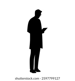 Silhouette illustration of a male doctor reading a clipboard. Professional medical staff in lab coat, standing and analyzing data. Perfect for healthcare, hospital, and medical themes