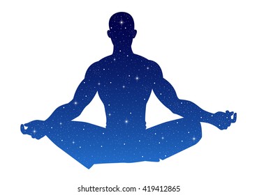 Silhouette illustration of a male figure meditating with stars texture