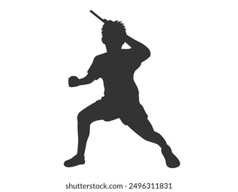 Silhouette illustration of a male table tennis player (left-handed) swinging a racket.