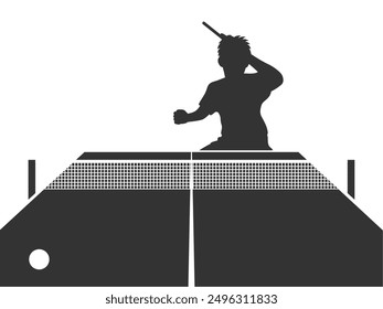 Silhouette illustration of a male table tennis player (left-handed) swinging a racket and a table tennis table.