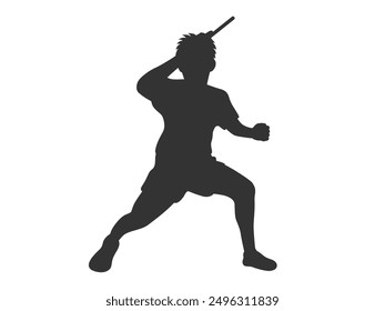 Silhouette illustration of a male table tennis player swinging a racket.