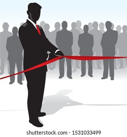 silhouette illustration of a man cutting a ribbon at an inauguration event