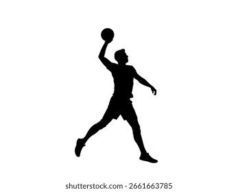 Silhouette Illustration eines Mannes, der einen Slam Dunk mit einem Basketball in der Hand macht