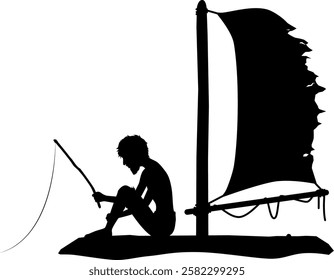 Silhouette illustration of a man drifting on a raft