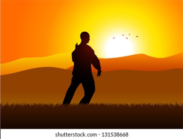 Silhouette illustration of a man figure doing taichi