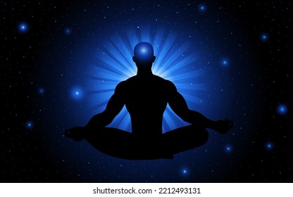 Ilustración de silueta de una figura humana meditando en el espacio, la iluminación, manifestando pensamientos positivos