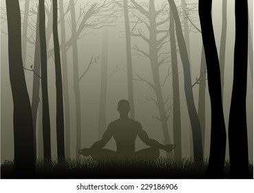 Silhouette illustration of a man figure meditating in the misty woods 