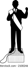 Silhouette illustration of a man giving an election speech on money