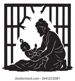 a silhouette illustration of a man holding a baby behind bars, evoking themes of protection, family, and hope amidst confinement and adversity