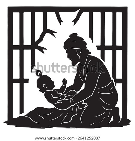 a silhouette illustration of a man holding a baby behind bars, evoking themes of protection, family, and hope amidst confinement and adversity