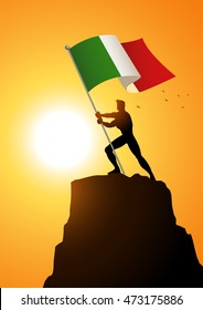 Silhouette illustration of a man holding the flag of Italy, flag bearer, patriotism concept