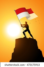 Silhouette illustration of a man holding the flag of Indonesia or Monaco, flag bearer, patriotism concept