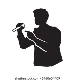 silhouette illustration of man holding microphone and making a speech or singing a song black