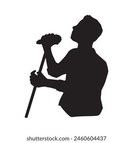 Silhouette illustration of a man holding a microphone stand and singing heartily black	