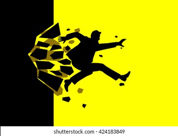 Silhouette illustration of a man jump breaking the wall.